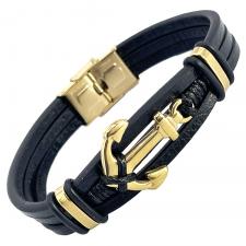 Stainless Steel Leather Bracelet With Steel Anchor Gold